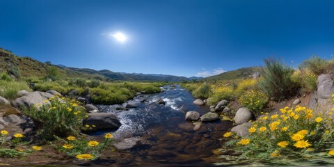 Panoramic hdr view of flowing river and wildflowers in nature landscape