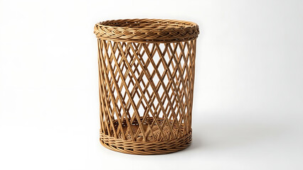 Woven wicker cylindrical basket with a latticed pattern against a white background