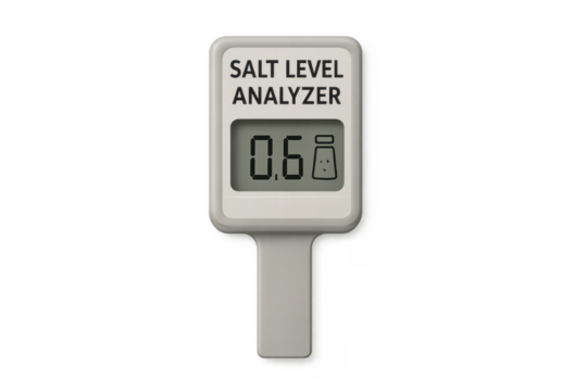 Analyzing food salt level with digital analyzer on transparent background