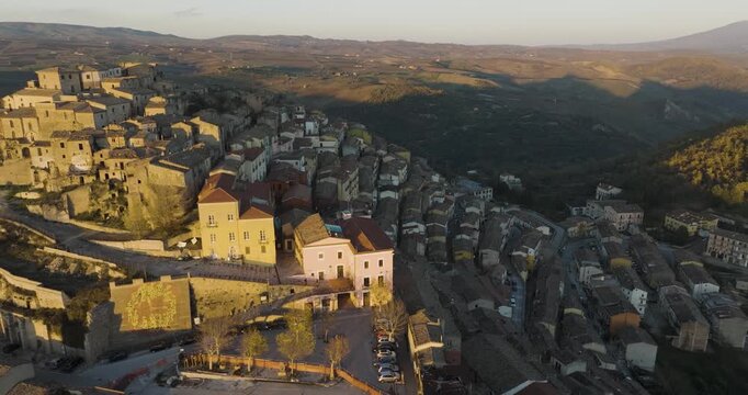 Aerial view of buildings and landscape, Italy.