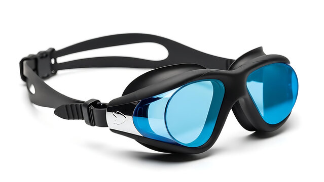 Professional black swimming goggles with blue mirrored lenses on a white background - Powered by Adobe