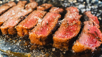 Sliced rare rump steak on a plate, revealing pink interior under a beautiful golden crust. Topped with salt, juicy and perfectly cooked. Gourmet meat presentation.