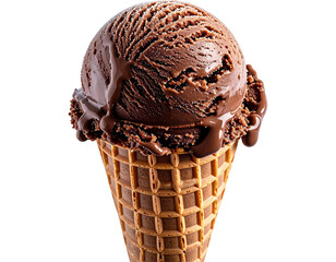 Top-Down View of Chocolate Ice Cream Scoop in Waffle Cone, PNG Isolated