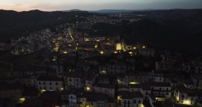 Aerial view of Calitri at dusk, Italy.