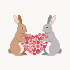Obraz premium Two adorable rabbits holding a heart-shaped bouquet of roses, conveying Valentine's love and affection on a white background with a sweet and romantic mood.