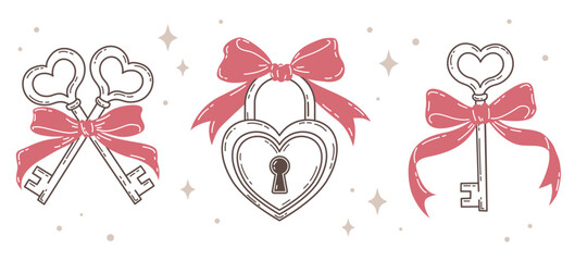 Set of Cute Line Art Valentine's Day Vectors: Heart Key and Padlock, Romantic Love Symbols with Pink Bows. Hand-drawn Outline Clipart and Decorative Sparkles.