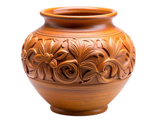 Angled Side View of Handcrafted Terracotta Vase with Raised Floral Design, PNG Isolated