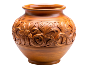 Angled Side View of Handcrafted Terracotta Vase with Raised Floral Design, PNG Isolated