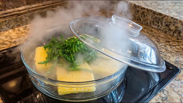Delicious polenta and sea beans steaming in a glass pot.