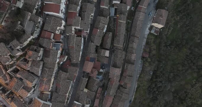 Aerial view of rooftops in Calitri, Italy.