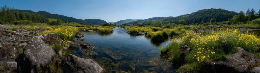 Panoramic hdr landscape of scenic river and wildflowers nature daylight