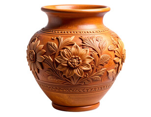 Decorative Floral Terracotta Vase Front View with Carved Pattern, Transparent PNG