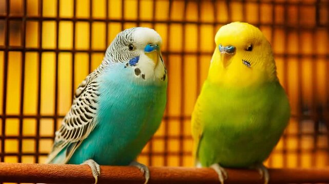 Two charming budgies, one turquoise and one yellow, perch together in a warm, golden cage.