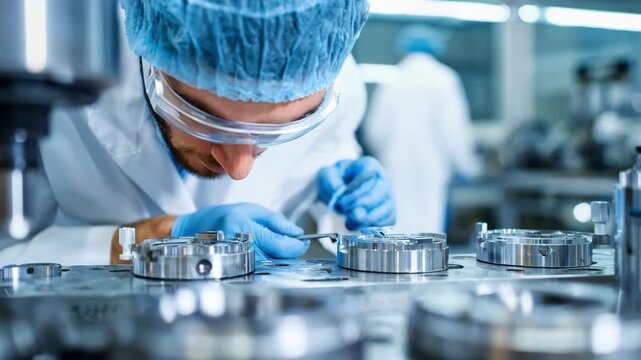 Medium shot of skilled technician inspecting electronic zinc die cast components for precision and quality control.