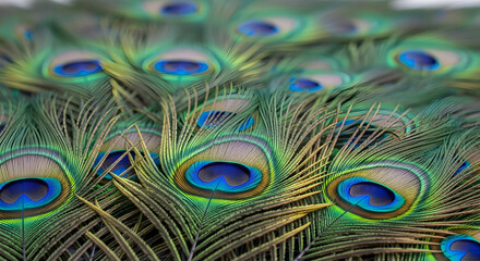 Obraz premium Dense Layered Texture of Bright Peacock Ocellus Feathers with Shallow Focus