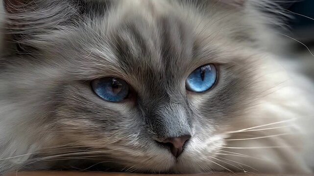 Captivating Close Up of a Fluffy Cat with Mesmerizing Blue Eyes.