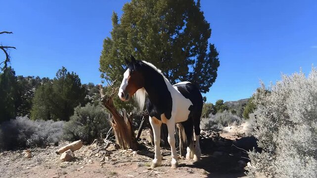 Majestic Pinto Horse Standing Proudly Amidst a Wild Desert Landscape.