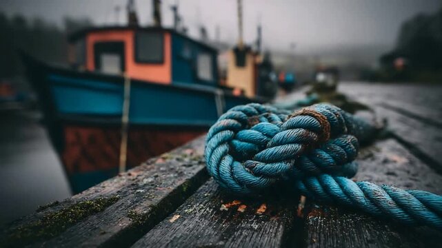 Close Up Of Thick Blue Rope Tied On Wet Wooden Pier With Fishing Boat In Background.