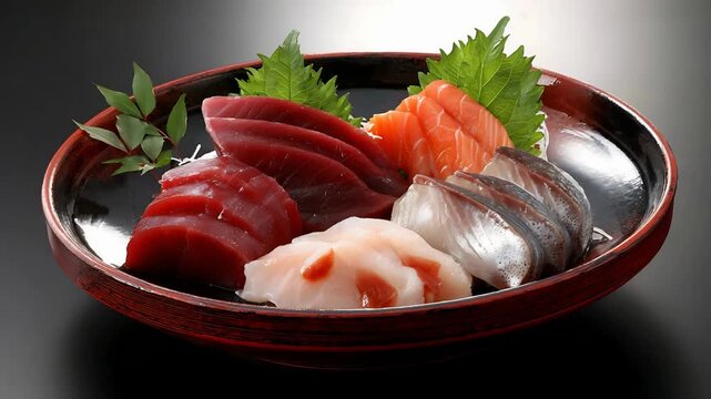 Exquisite Assortment of Fresh Tuna and Salmon Sashimi on a Dark Plate.
