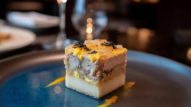 Gourmet Terrine Dish with Black Caviar and Yellow Sauce on Elegant Plate.
