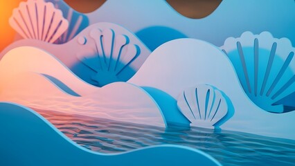 Abstract coastal background featuring a serene seascape diorama with papercraft waves and seashells under a warm sunset glow