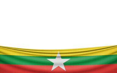 Patriotic Myanmar flag waving gently, a symbol of national pride and cultural identity for travel or independence day events with copy space above