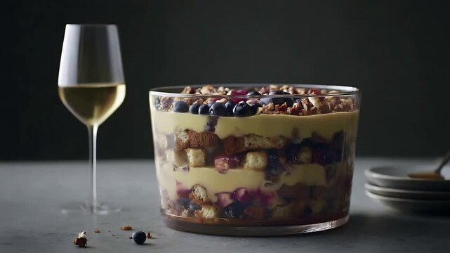 Decadent Berry Trifle with Cream and Nuts Alongside White Wine.