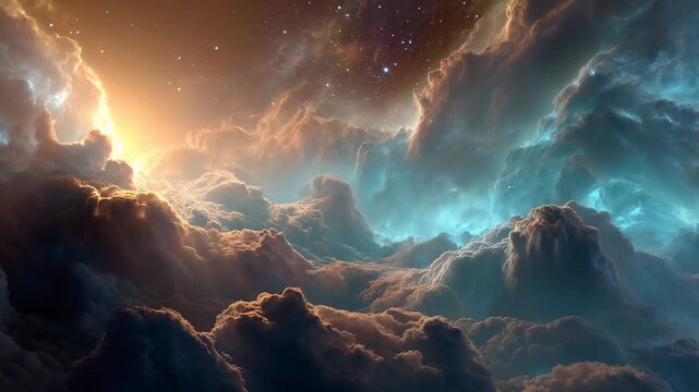 Vast clouds in shades of blue and gold stretch majestically across the celestial sky, illuminated by a warm, glowing light. The swirling formations evoke a sense of wonder and endl