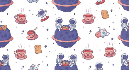 Astronauts enjoying tea on a space planet cartoon illustration depicting a whimsical cosmic tea party with stars ideal for childrens book or space-themed designs.