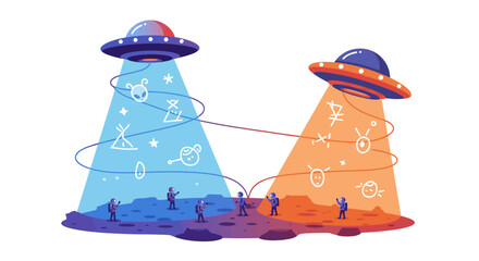 astronauts exploring a planet communicating via ufo beam illustrating space exploration and extraterrestrial life perfect for science blog