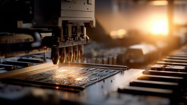 Precision machinery operates over an intricate circuit board, carefully applying components as golden light bathes the workspace. This dynamic scene reflects the intersection of in