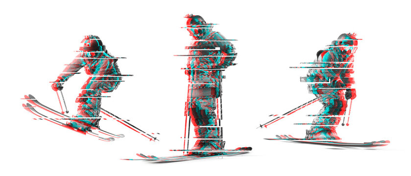 Glitch effect in sports. Dynamic poses of skiers. Athletes in action on a white background. Skiers with futuristic glitch effect. Action winter scene