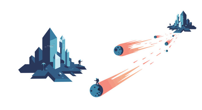 Asteroid impact on futuristic city A lone astronaut witnesses celestial danger digital artwork for science and technology blogs and space exploration themes.