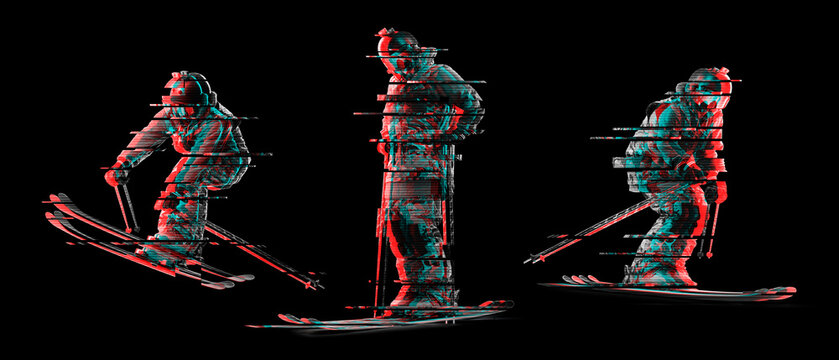 Glitch. Dynamic poses of skiers. Athletes in action on a black background. Skiers with futuristic glitch effect. Cyberpunk style skiing