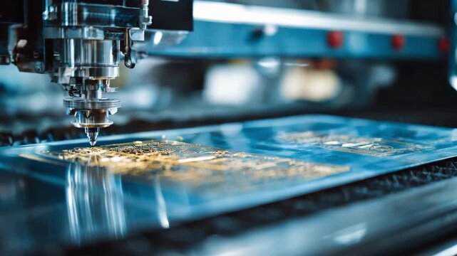 Multiaxis engraving machine crafting detailed prototype designs on metal sheets with precision in a modern industrial workshop environment.