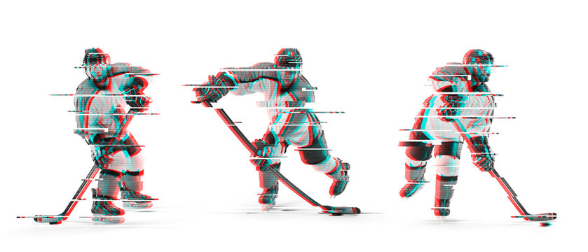 Isolated hockey athletes with glitch effect and digital distortion. Fast motion, ice sport action, modern RGB shift visual design, and abstract winter sport concept