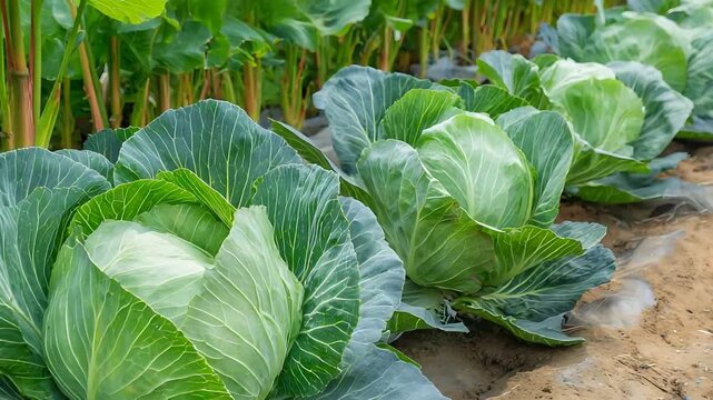 Lush green cabbages growing in neat rows in a fertile garden bed.