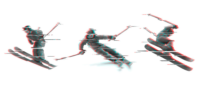 Skiers in motion with glitch visual effect. Snow sports concept. Dynamic poses of skiers. Action winter scene. Sport. Isolated - Powered by Adobe