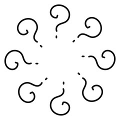 Round doodle shape with dynamic question marks leading inward. Vector symbol set ideal for brainstorming scenes, inquiry graphics and educational decoration.