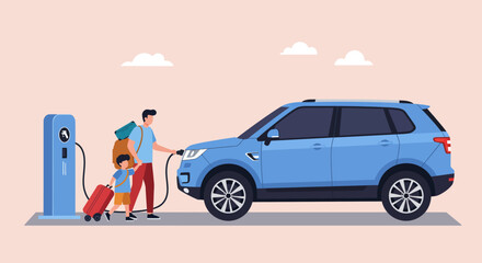 Naklejka premium Electric car charging a father with son on road trip stop to recharge the blue suv at a charging station illustrating clean energy and sustainability.