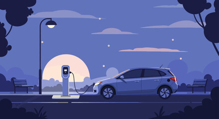 electric car charging at night eco-friendly vehicle plugged into a charger in a serene urban park at dusk promoting sustainability and green energy