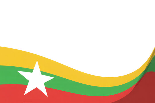 Elegant Myanmar flag flowing design for national pride, perfect for patriotic events and cultural celebrations with copy space above