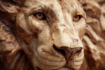 Intricate wooden lion sculpture showcases craftsmanship and artistry in natural wood grain detail