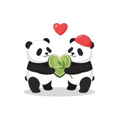 Obraz premium Two pandas in love, one wearing a red hat, holding a heart-shaped leaf with a red heart above them on a white background.