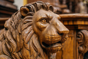 Intricate wooden lion carving showcasing craftsmanship in a historic building