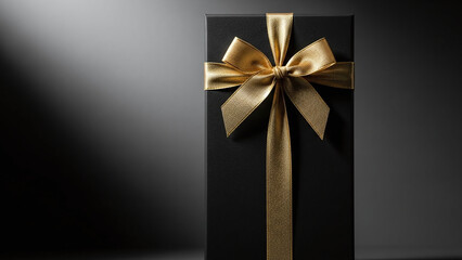 Tall Rectangular Gift Box in Matte Black with Gold Ribbon and Dramatic Lighting