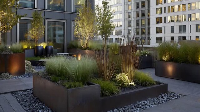 Modern Rooftop Garden Oasis with City Buildings and Ambient Lighting.
