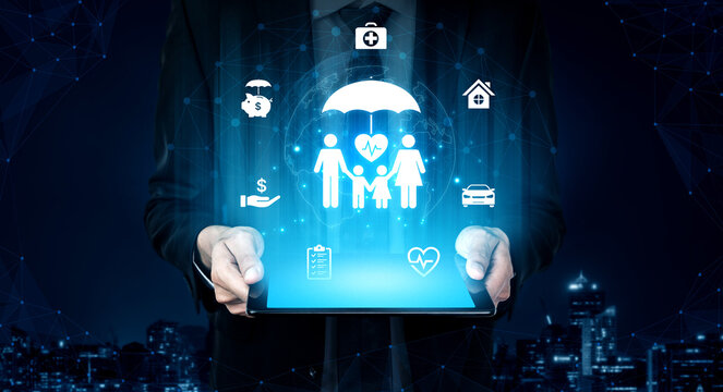 Concept of comprehensive insurance coverage and financial planning. A policy that provides life, health, and asset protection for a family's security and risk management. Fermion