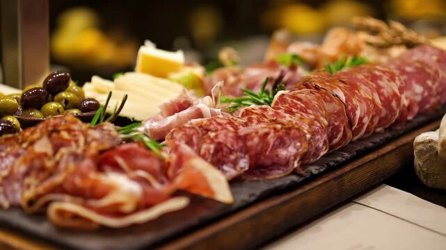 Medium shot of mixed cured meats display including salami prosciutto and bresaola garnished with olives and cheese for a gourmet appetizer presentation.