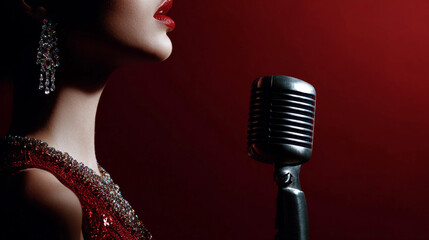 Elegant singer prepares to perform with a vintage microphone